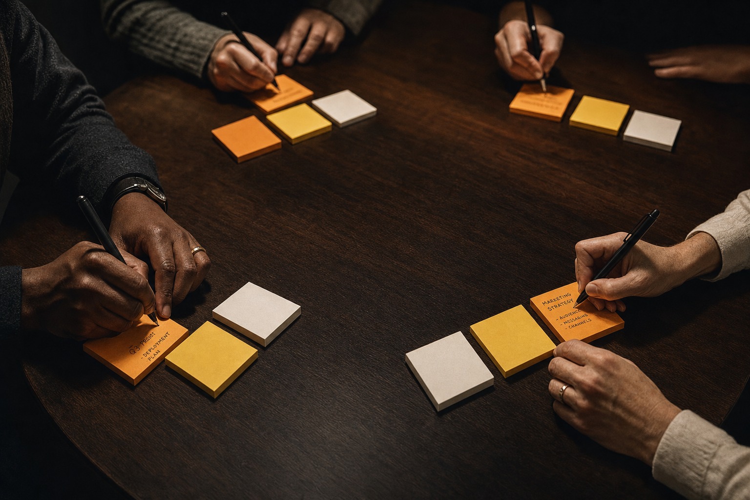 Diverse hands writing independently on matching amber, yellow, and white sticky note stacks — silent brainwriting during a facilitated workshop