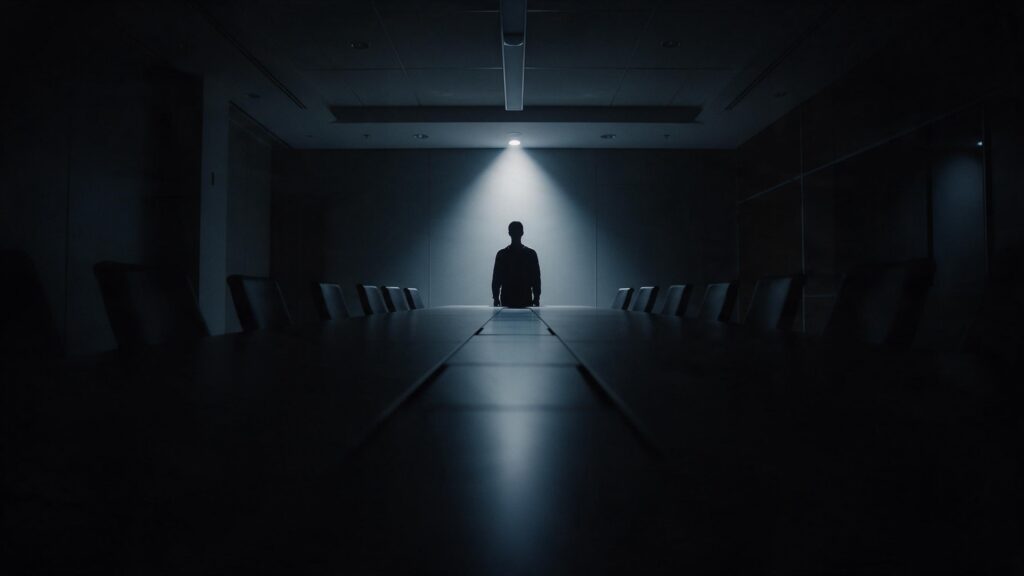 Solitary leader standing at the head of an empty boardroom table, spotlight overhead, rest of the room in shadow
