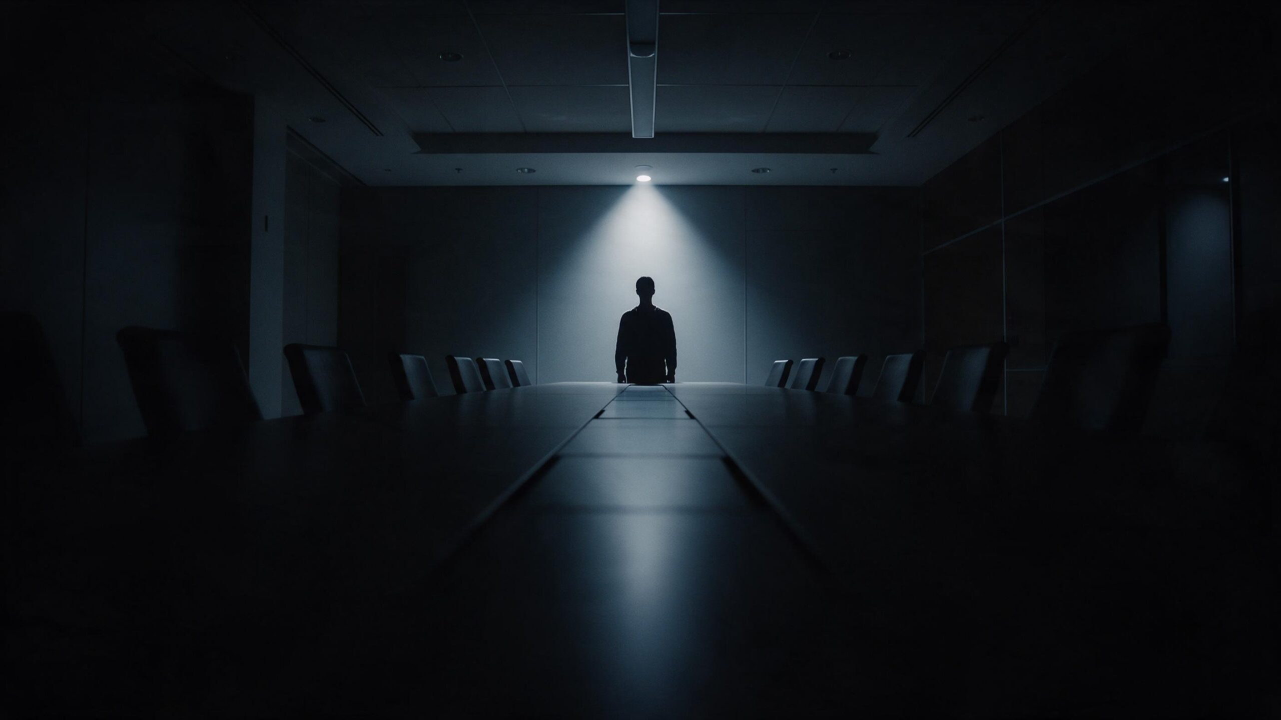 Solitary leader standing at the head of an empty boardroom table, spotlight overhead, rest of the room in shadow