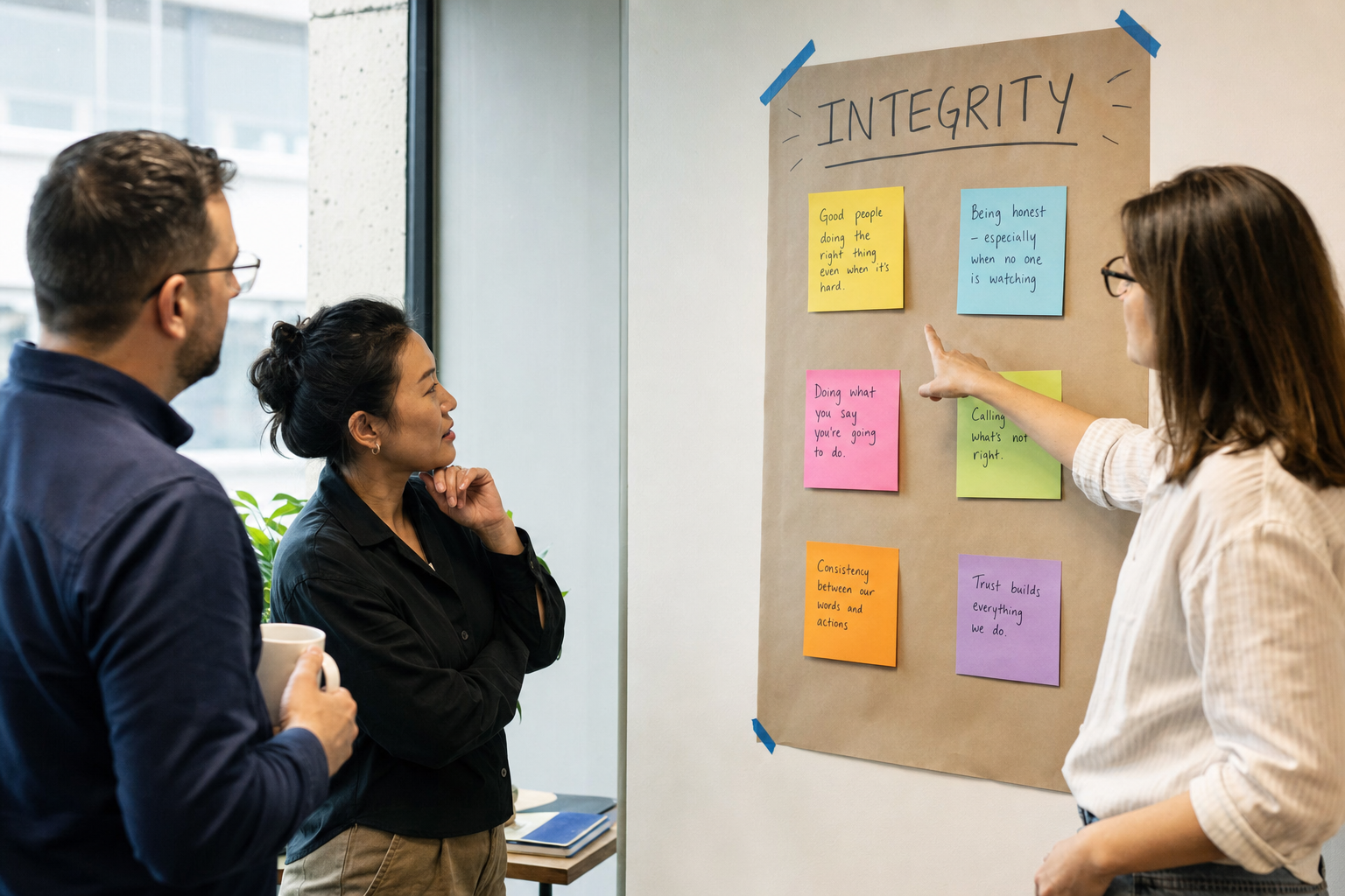 A wall chart headed "INTEGRITY," six sticky notes underneath in different handwriting, three people mid-conversation with one pointing at two notes that visibly contradict each other.