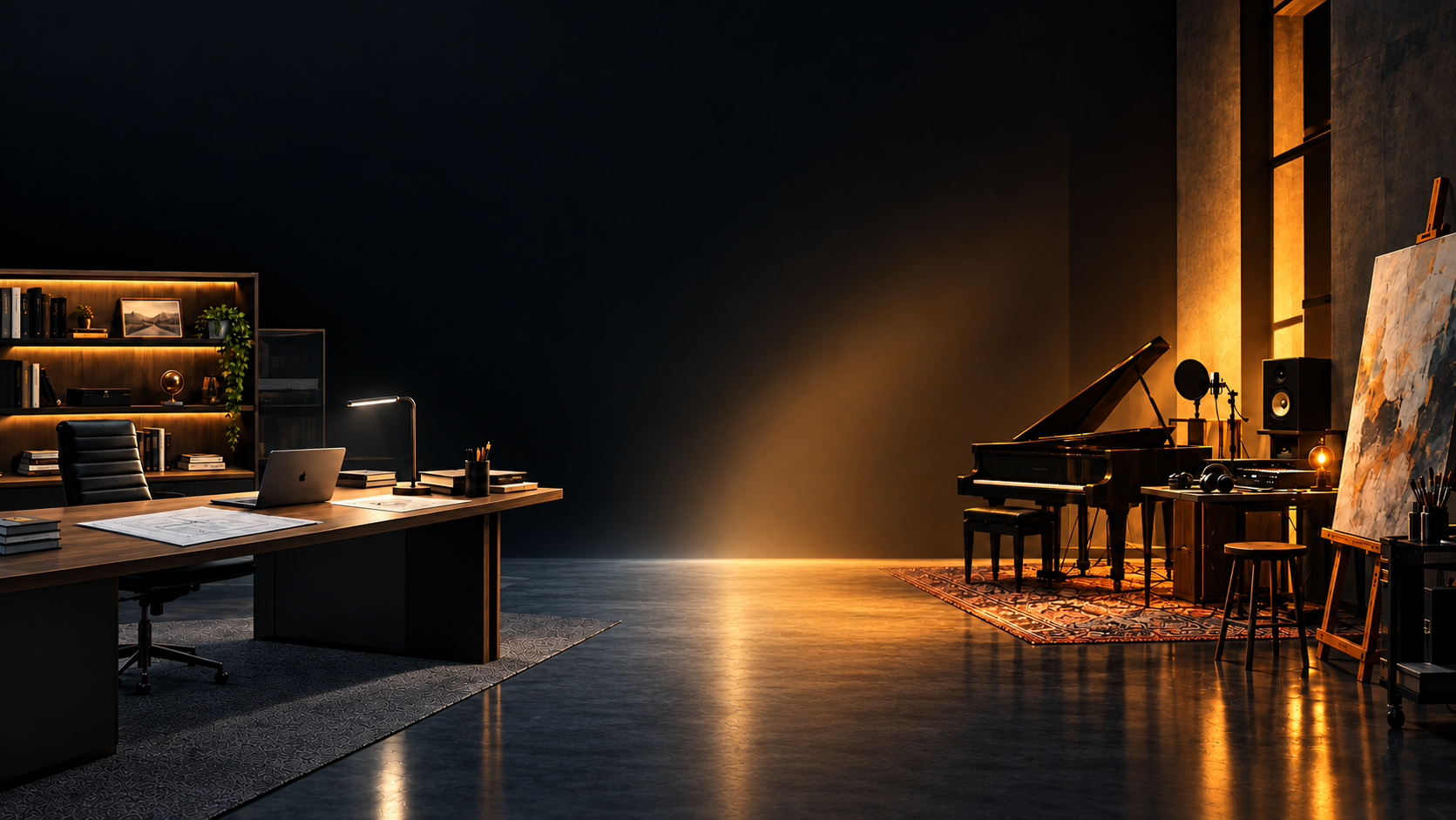Two contrasting workspaces face each other, one structured and cool-toned, the other creative and warmly lit, representing competing priorities.