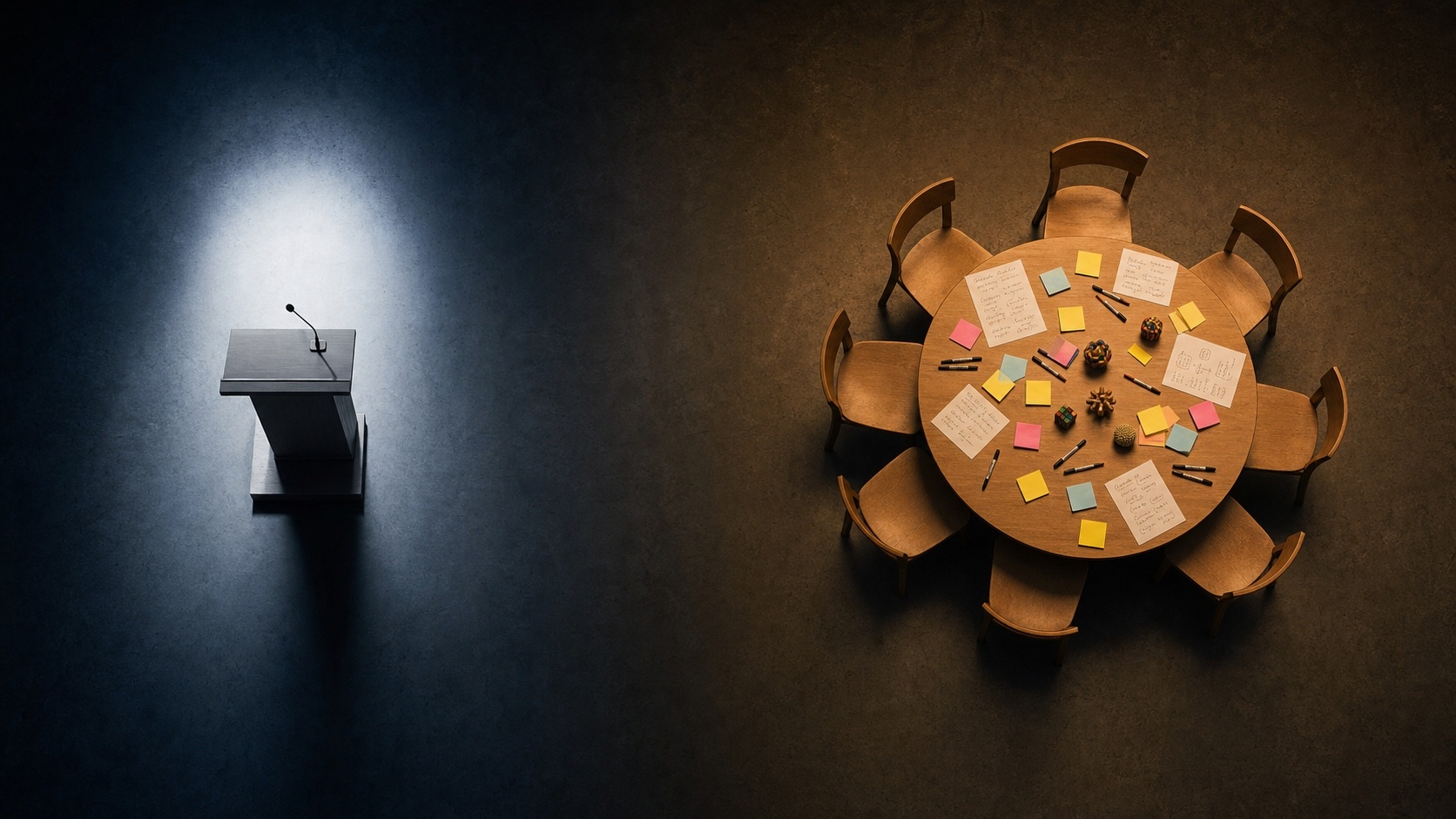 Overhead split-frame image contrasting an isolated, cold-lit spotlight on an empty podium with a warmly lit round table surrounded by chairs, covered in sticky notes, Sharpies, and fidget tools — symbolizing the choice between a keynote stage and a collaborative workshop session